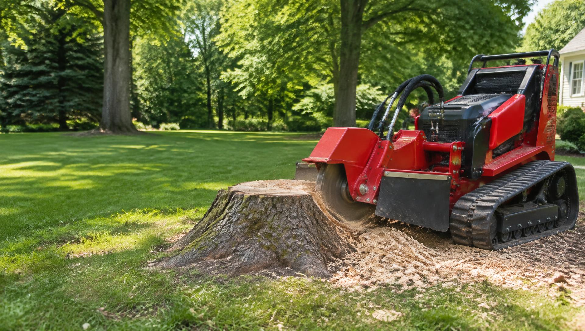 Stump grinding equipment beside a tree stump in a green yard